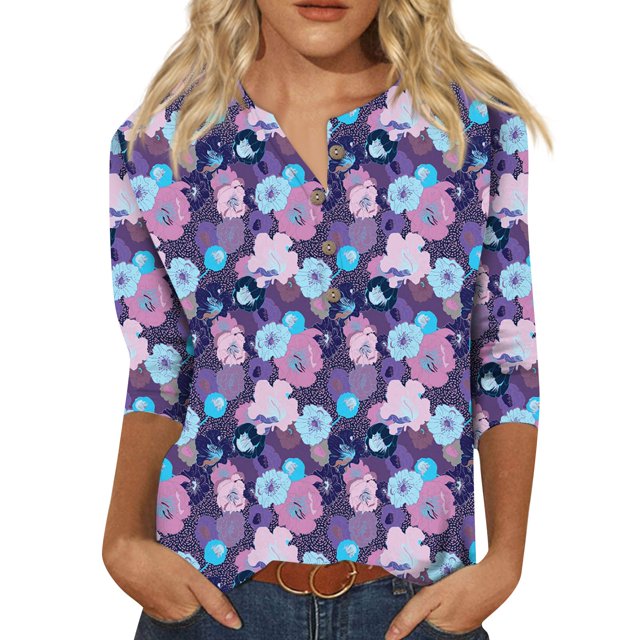 nuevo cuello de botón para mujer estampado de moda mangas 3/4 camiseta con estampado retro top delgado tops casuales púrpura / s