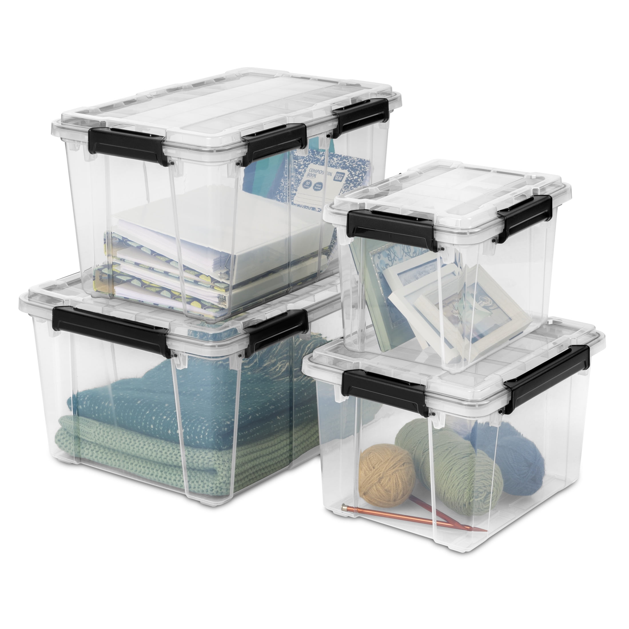 (4 pack) Sterilite Gasket Box, 34 Quart IP68 WaterProof Clear Plastic Storage Bin with Lid, Gasket Seal and Durable Latches, Black