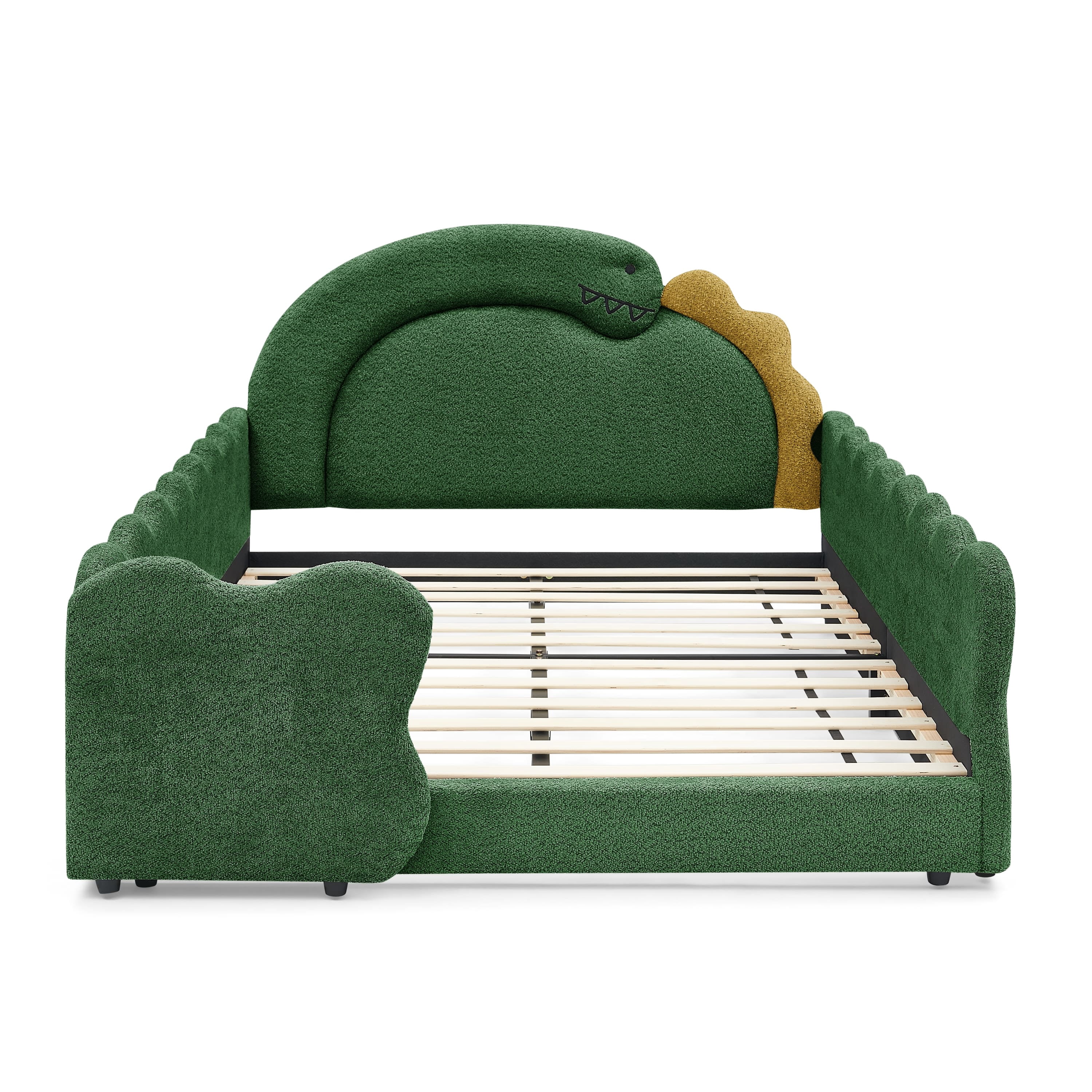 Wakefit Full Size Dinosaur Bed for Kids with Safety Guardrails,Boucle Upholstered Platform Bed Frame with 3D Dinosaur Headboard,Floor Bed for Boys & Girls,No Box Spring Needed,Green