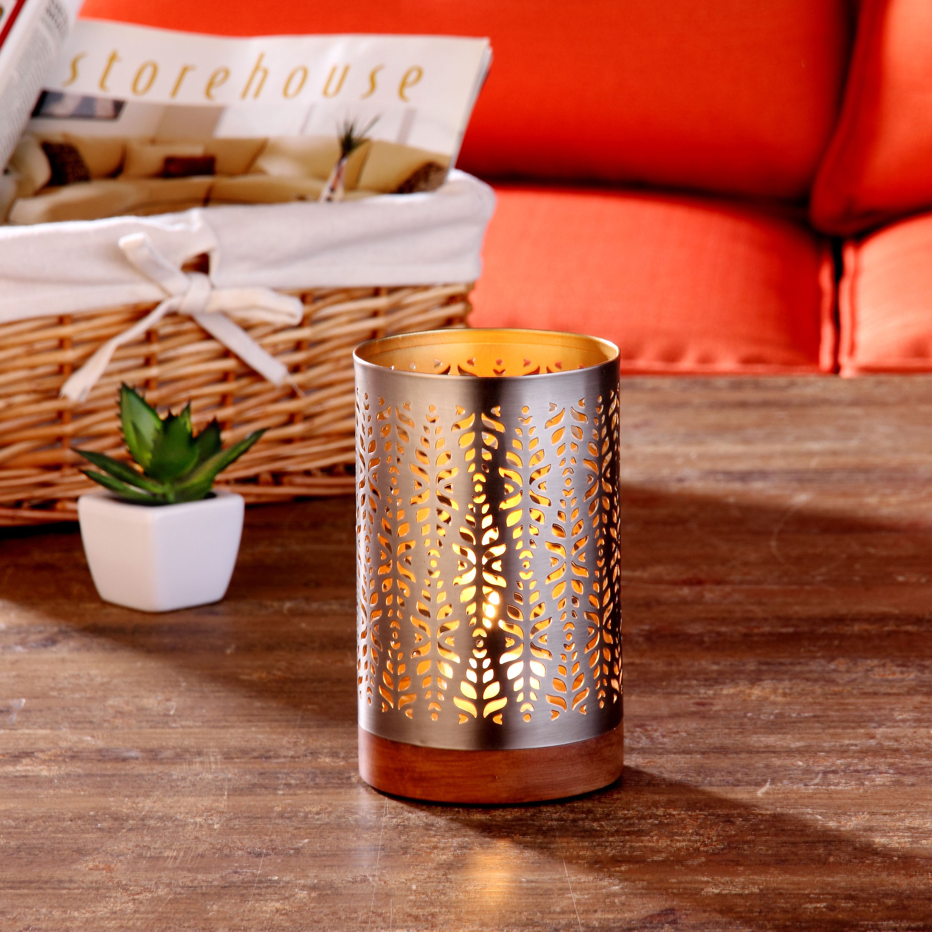 Better Homes & Gardens Brushed Metal & Brown Wood Medium Hurricane Candle Holder