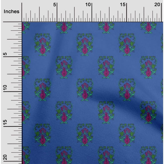 oneOone Polyester Lycra Medium Blue Fabric Leaves & Floral Block Sewing Craft Projects Fabric Printed By Yard 56 Inches Wide