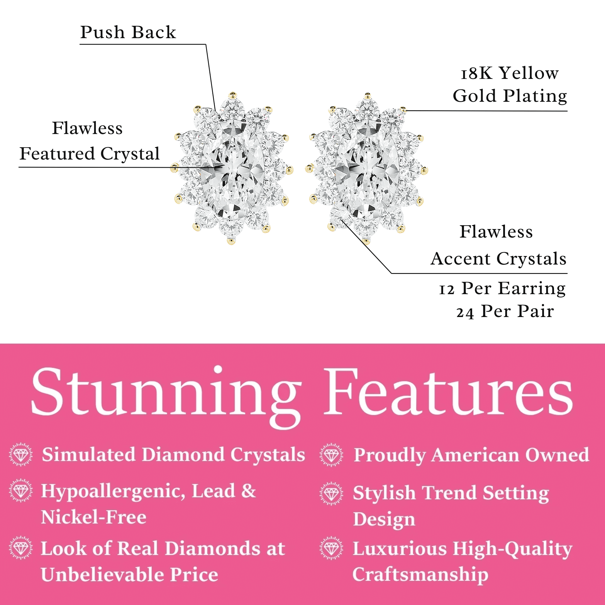 Cate & Chloe Sage 18k Yellow Gold Plated Stud Earrings with Simulated Diamond Crystals for Women