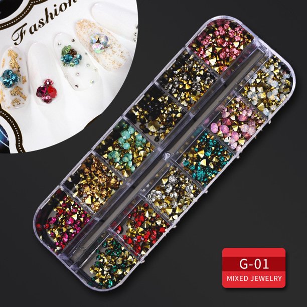 12 rejillas de diamantes de imitación para uñas de varios tamaños, cristal 3D AB, piedras transparentes para uñas, gemas, perlas, decoración artística para uñas DIY, remaches dorados y plateados Tan Jianjun unisex