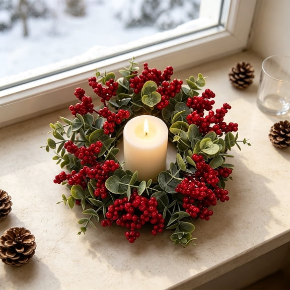 Winter Candle Ring Wreath, Artificial Floral Centerpiece For Counter Decorations, Festive Home Ornament Accents For Dining Tables Mantels Weddings And Parties