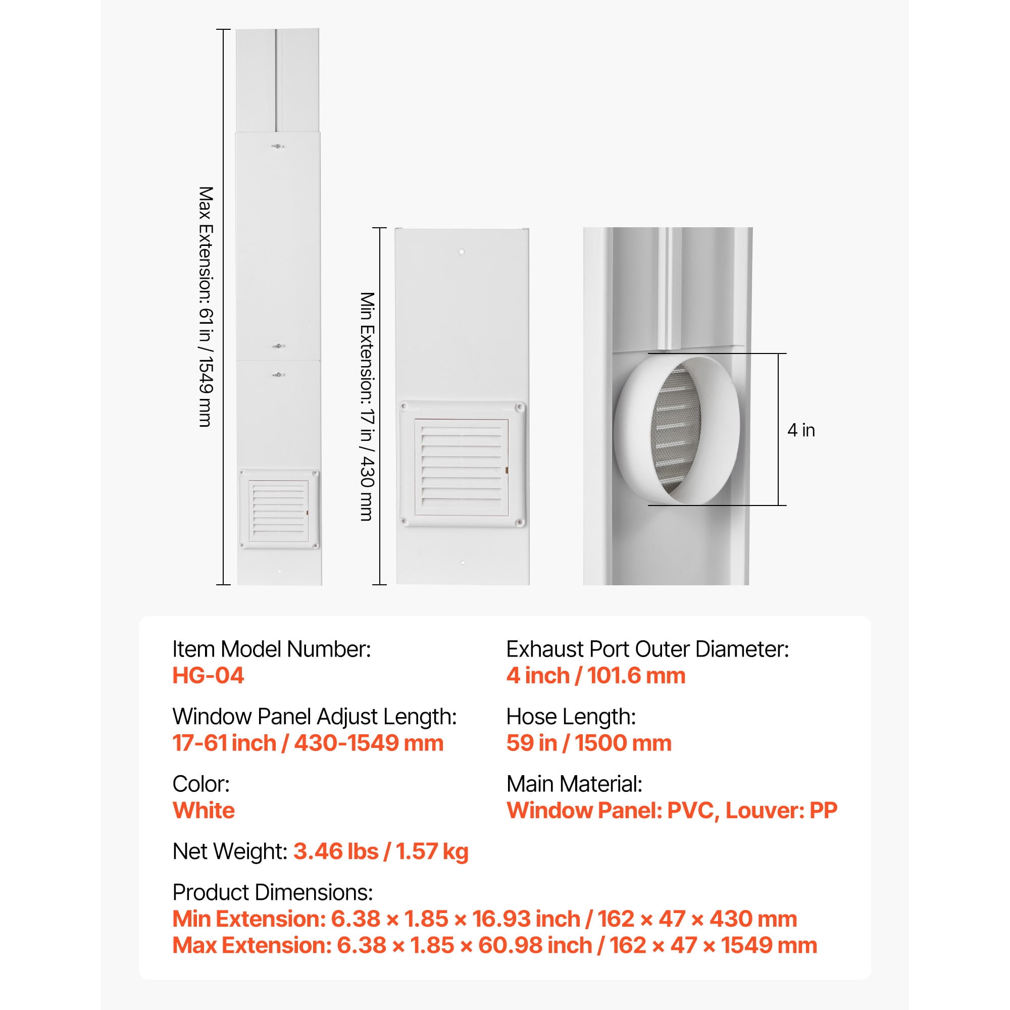 KFFKFF Dryer Vent Window Kit, Compatible with 4-Inch Exhaust Hoses, Adjustable Length for Sliding Windows of Various Heights, Durable PVC and PP Construction