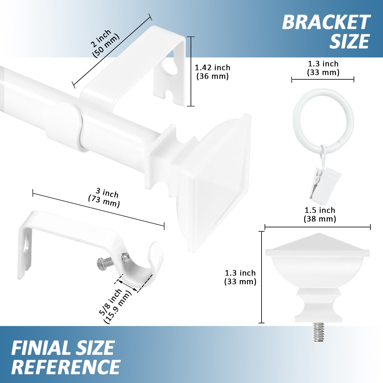 Urbanest Single Curtain Rod with 8 Clip Rings & Decorative Square Urn Finials – Classic Metal Window Drapery Rod Set, Heavy-Duty & Adjustable, 5/8" Diameter, 28" to 48", Glossy White