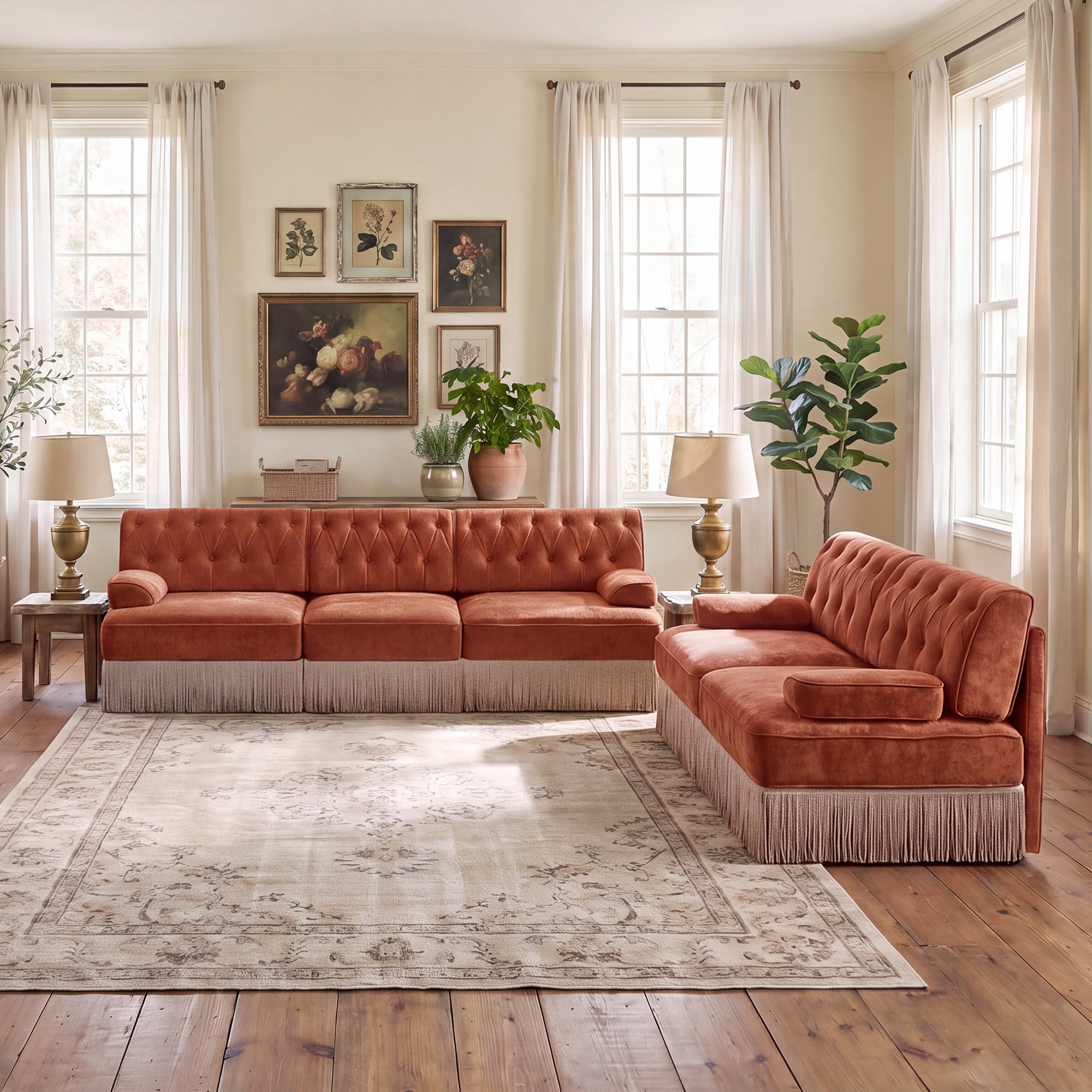 2‑Piece Sectional Sofa Set, 1 Pcs Loveseat & 1 Pcs 106" 3‑Seater Sofa Couch Set with Tassel Skirt