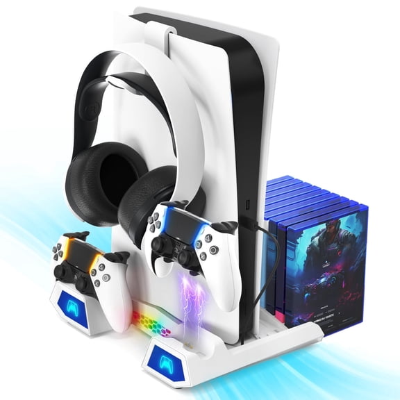 Fosmon For PS5 Cooling Stand with Dual Charging Dock, RGB LED Light Charger Station 15 Game Slots, Headset Holder for Playstation 5 Pro, Slim, Disc, Digital Version