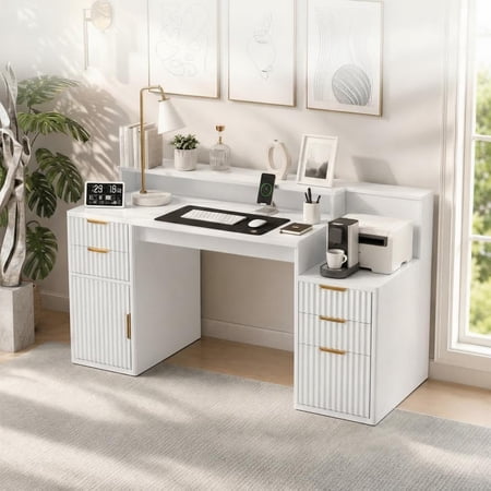 Rectangular Computer Desk with Printer Stand and Corrugated Door Modern Home Office Desk Compact Multifunctional Writing Workstation