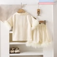 thumbnail image 3 of Pandaie Baby Girl Pajama Set Button Down Feather Trims Short Sleeve Shirt Shorts Satin Sleepwear Outfit Kids Nightwear Loungewear Clothes 1-10 Years White, 3 of 8