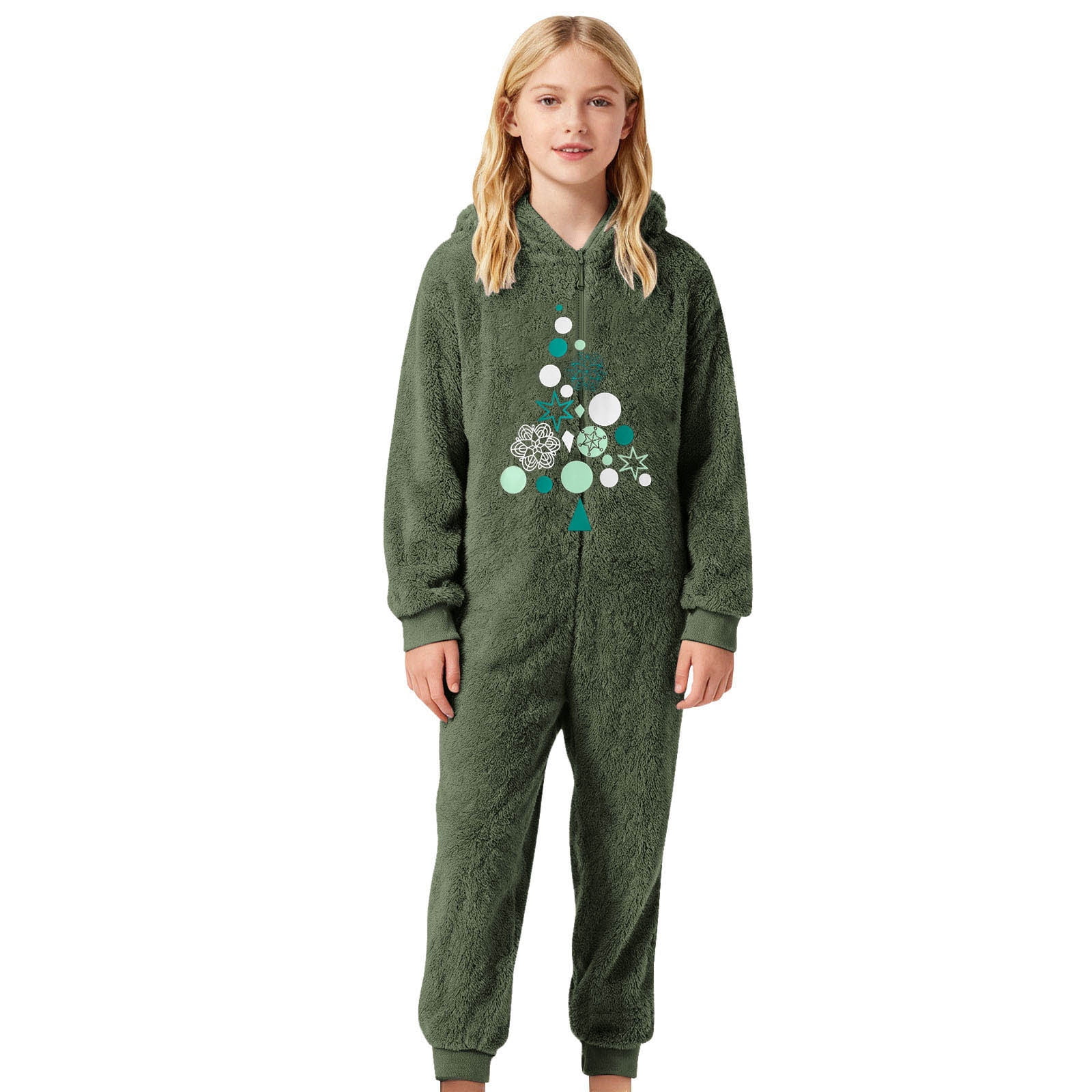 FYDUU Christmas Girls Zip Up Jumpsuits Kids Fuzzy Hooded Rompers Soft Cozy Onesie Pajamas One-Piece Warm Winter Clothes Fashion Onesie 11-12 Years
