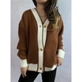 thumbnail image 6 of Women'S Contrast Color Button Down Sweater Oversized V-Neck Ribbed Knit Coat Cardigan Brown M, 6 of 7