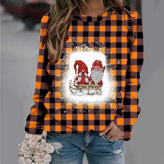 Qiopertar Mode Femmes Imprimé Col Rond Pull Tops Manches Longues Blouse Confortable Chandail en Molleton Offres de la Semaine Liquidation Moins de 5$ jusqu'à 90 % de Réduction