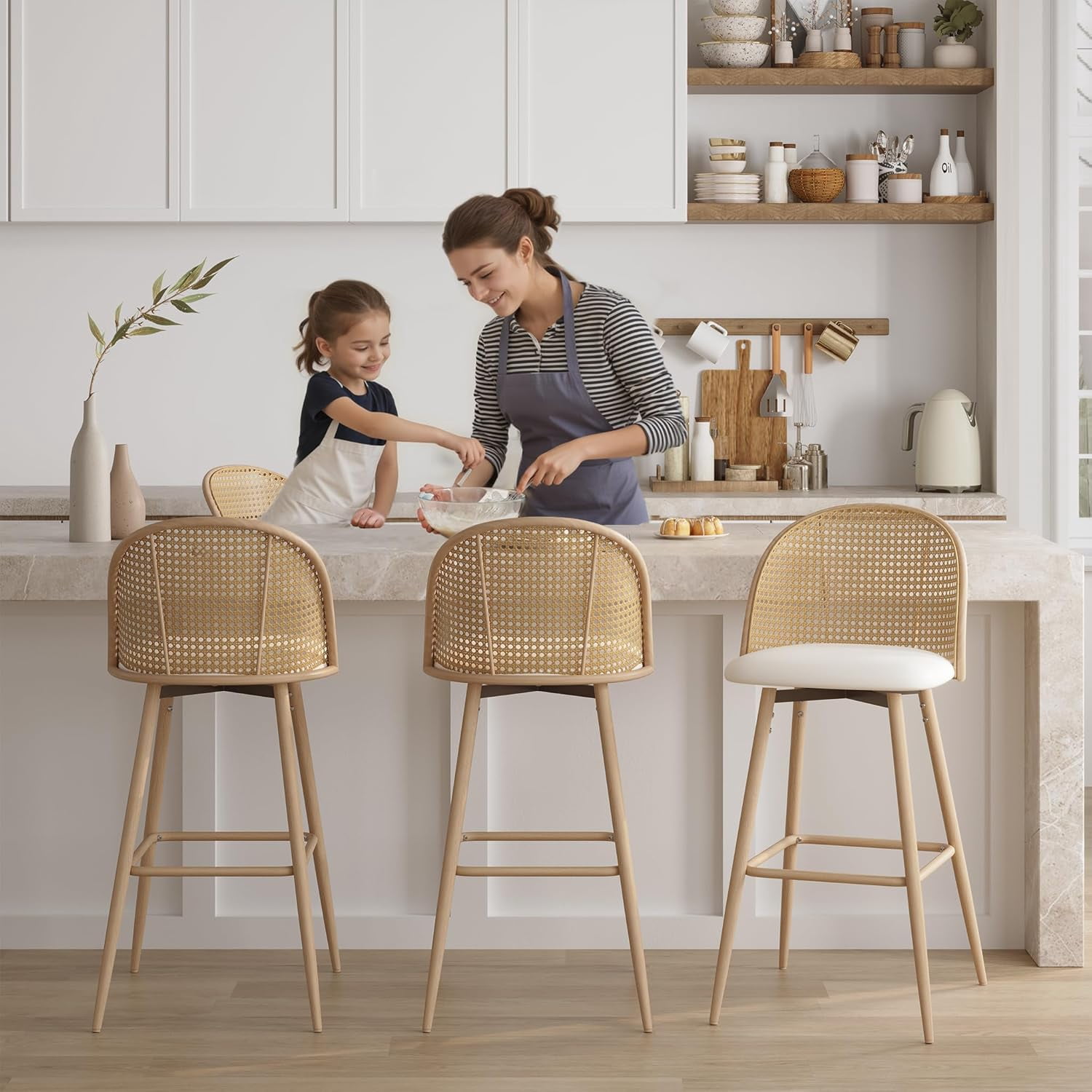 LAZZO 29“ Swivel Bar Stools Set of 2, Boho Rattan Counter Height Bar Chairs for Kitchen Island, White
