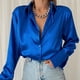 thumbnail image 3 of Camisa holgada con cuello de Polo para mujer, blusa de oficina Vintage, azul y verde, Tops de moda negros con botones, otoño, 3 of 4