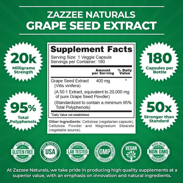Zazzee Naturals Grape Seed Extract 50:1, 20,000 mg, 180 Vegan