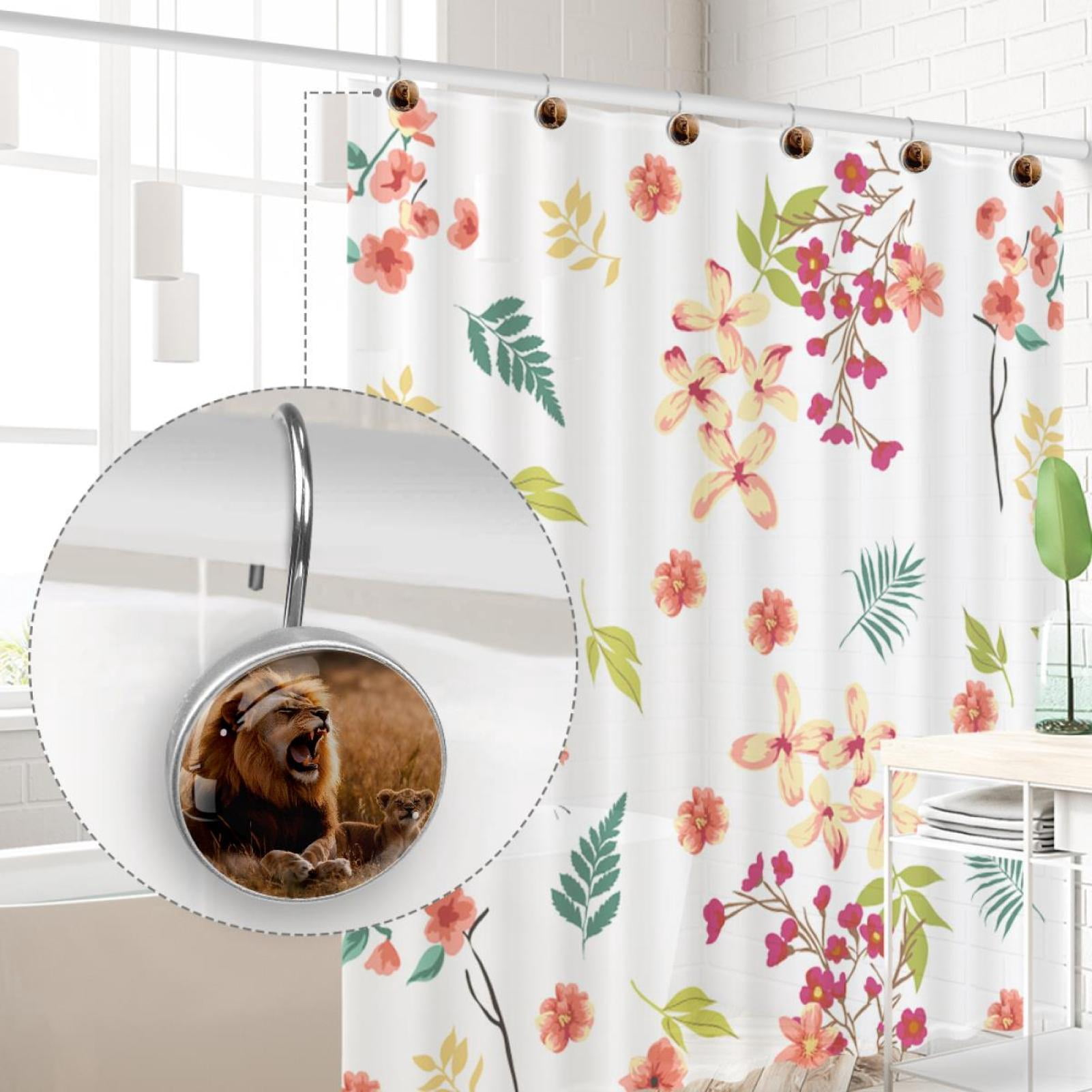 Lion and Cubs on Prairie Shower Curtain Hooks Round Crystal Glass, Set of 12 Shower Curtain Rings - Shower Hooks for Curtain Shower Rings