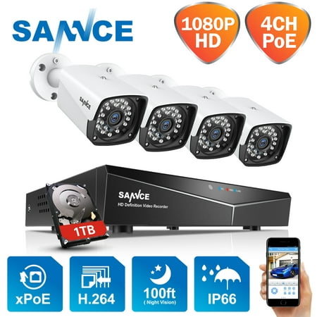 SANNCE HD 2MP Smart Outdoor IP PoE Surveillance System, 4 Weatherproof HD Security Cameras, 4 Channel 1TB NVR, 100ft Night Vision, Customizable Motion