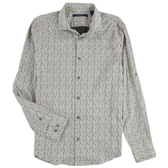 Perry Ellis Mens Geo Print Double Face Button Up Shirt, beige, S Neck