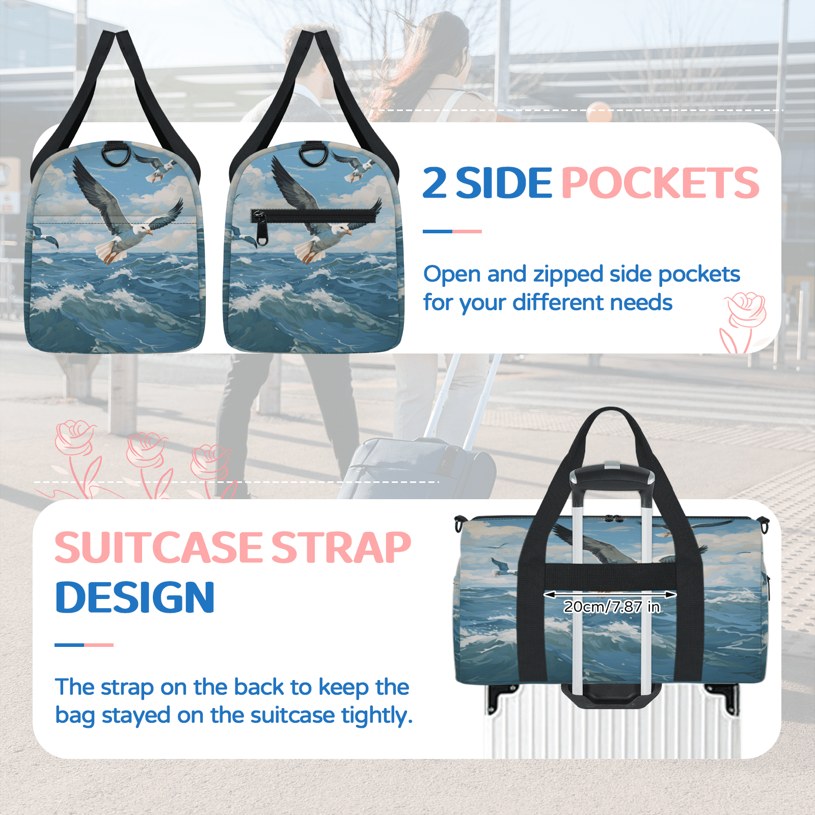 Herdesigns Seagull Gym Bag for Women, Duffle Bag for Travel Sport, Ocean Sea Bird Lightweight Waterproof Carry on Weekender Dance Yoga Workout Bags