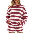 thumbnail image 2 of sdhkgrrt Women's 2 Piece Matching Lounge Set Soft Long Sleeve Round Neck Pullover Tops Drawstring Waist Shorts Striped Loose Casual Outfits Fall Tracksuit Clothing , Red XL, 2 of 6