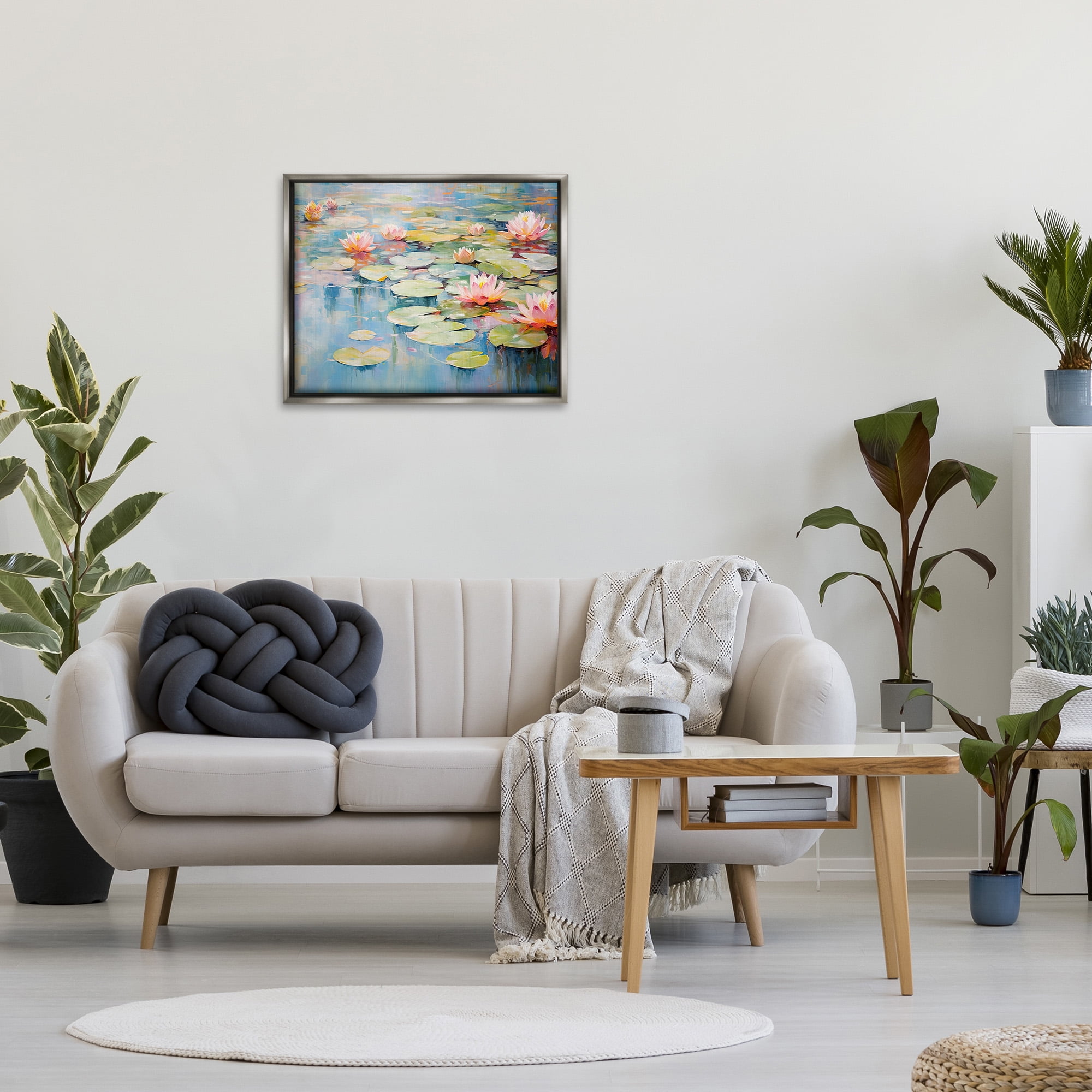 Stupell Industries Modern Lily Pad Painting Landscape Painting Gray Floater Framed Canvas Art Print Wall Art, 31 x 25