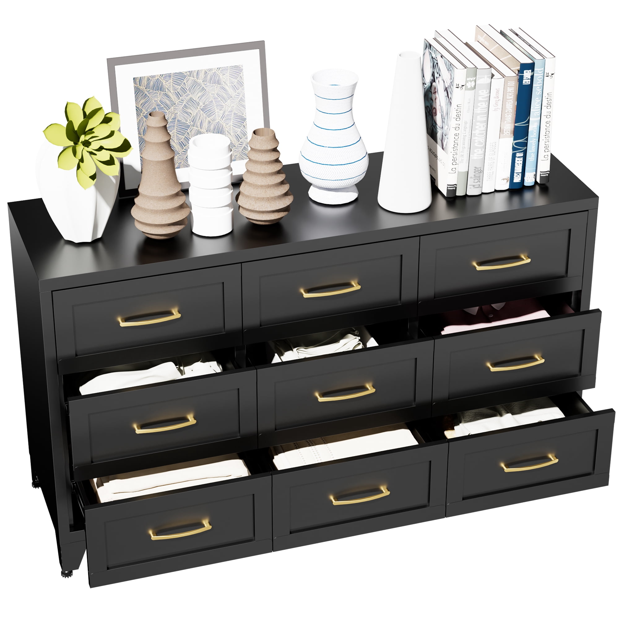 ShiKeyi 9 Drawer Dresser for Bedroom, Modern Metal Wide Storage Chest with Metal Handles and Legs, Black