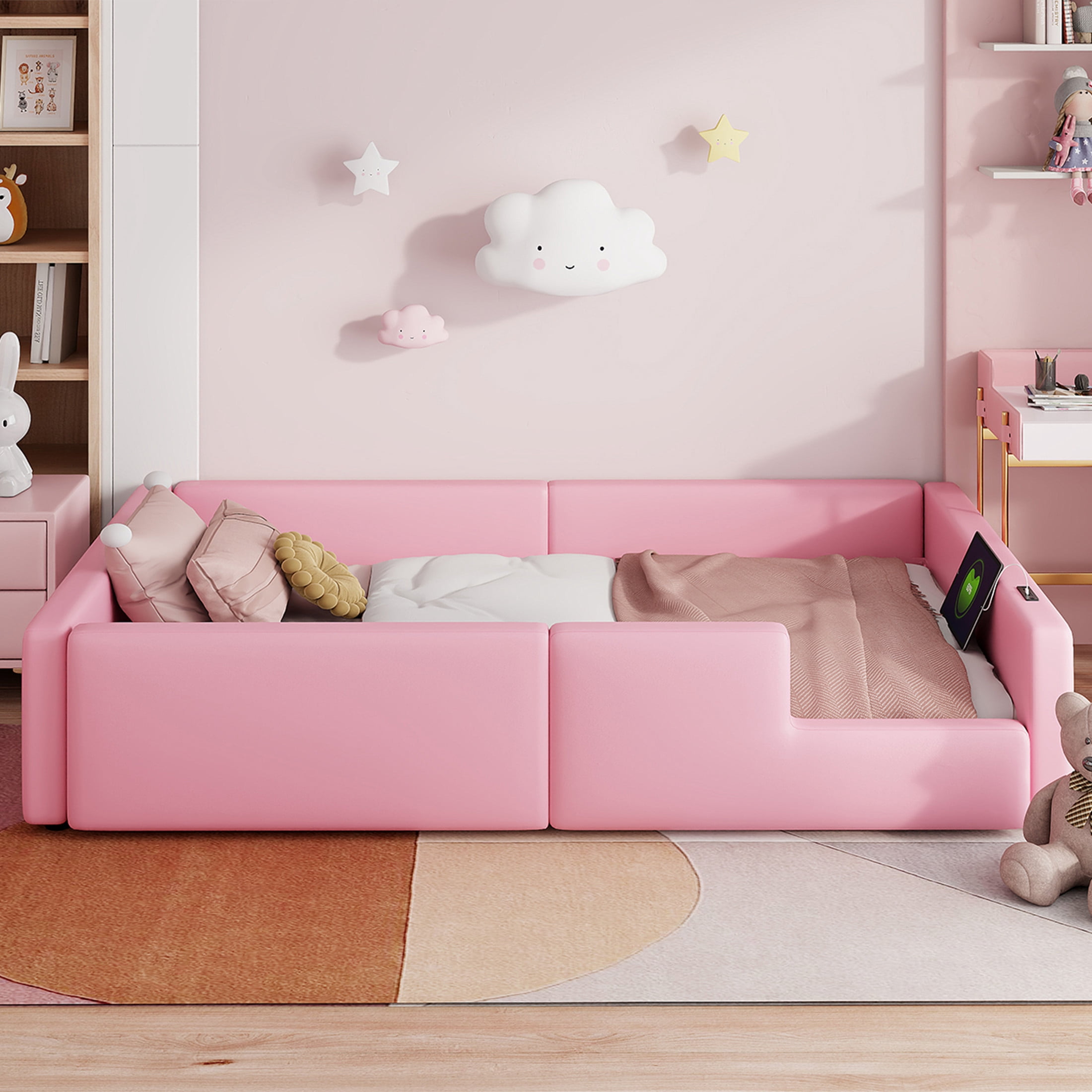 Noble House Twin Upholstered Platform Bed, PU Leather Frame with Charging Station and Guardrail, Space Saving, Pink