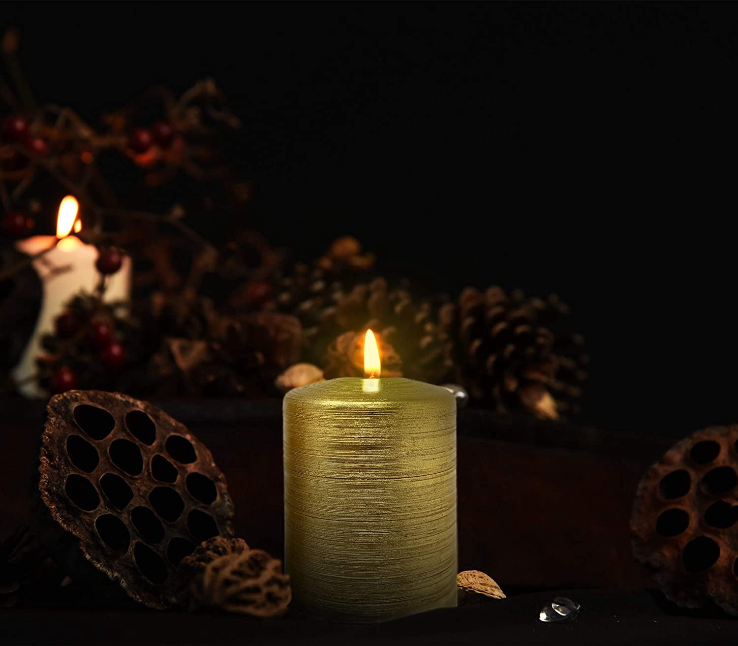 Hyoola, 2.75 x 5 Unscented Gold Brushed Metallic Rustic Pillar Candles, Paraffin Wax with Cotton Wicks, 6-Pack