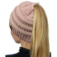 thumbnail image 2 of C.C BeanieTail Soft Stretch Cable Knit Messy High Bun Ponytail Beanie Hat, Rose Metallic, 2 of 3