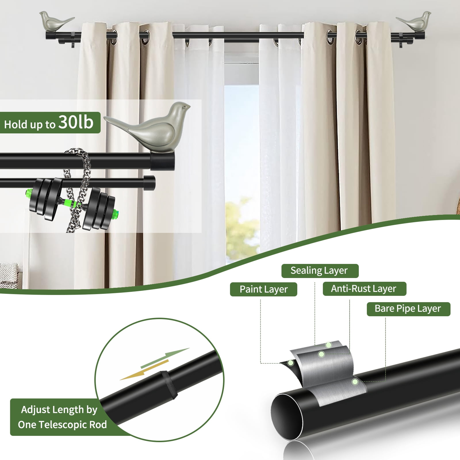 Meriville 1" Diameter Telescoping Double Window Treatment Curtain Rod, 28"-48", End Cap Finials, Satin Nickel Finish