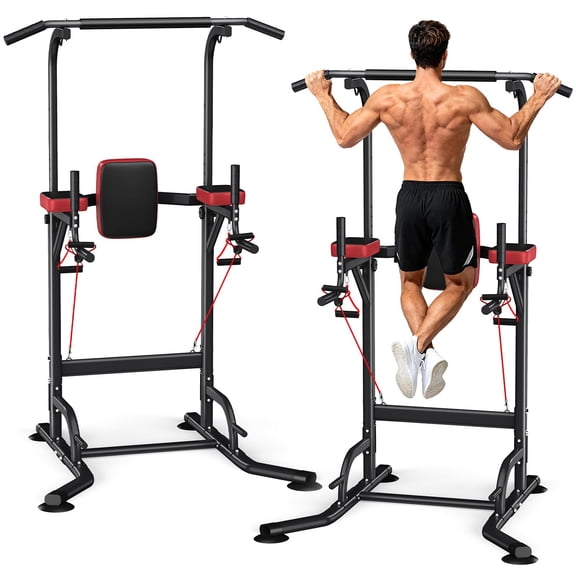 Power Tower Pull Up Bar Station, Freestanding Dip Stand Chin Up Rack, Home Gym Strength Training Workout Equipment, Multi Level Height Adjustable Steel Frame Fitness Tower