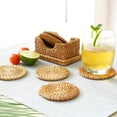 thumbnail image 2 of Honey Brown Set of 6 Round Natural Rattan Placemats with Rectangular Holder, 2 of 6
