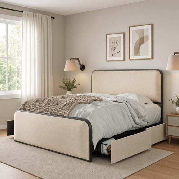 Queen Size Metal Bed Frame with Upholstered Headboard, 4 Storage Drawers & Heavy Duty Metal Slats, Curve Platform Bed with Footboard, No Box Spring Needed for Bedroom, Beige