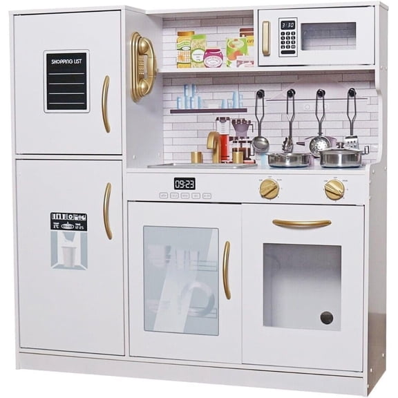 Kids Kitchen Playset, Wooden Pretend Play Microwave, Dishwasher, Sink, Cookware Accessories