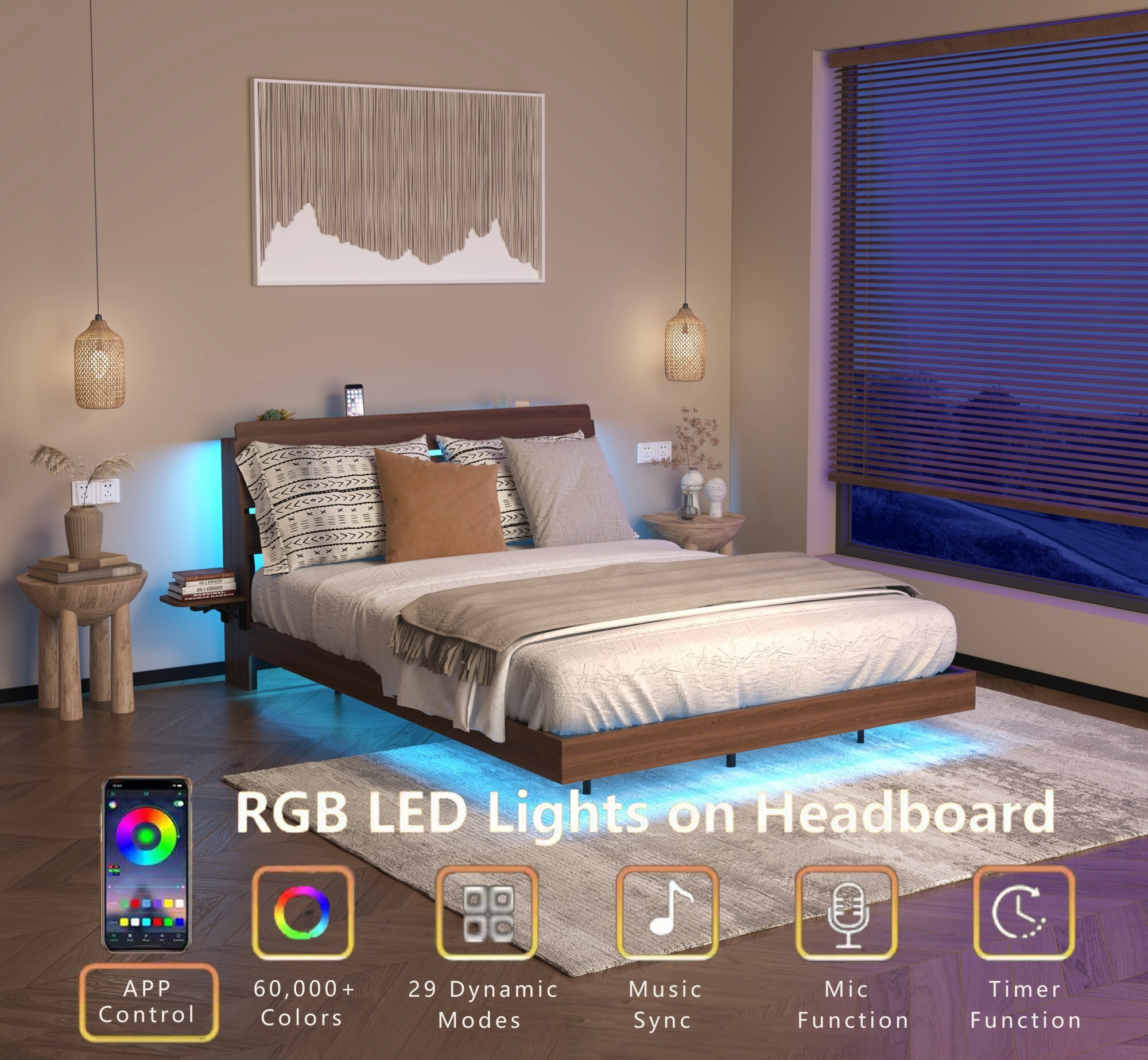 AENKYO Floating Design Queen Bed Frame with LED Lights, Foldable Tabletops, Storage Headboard with USB Charging, Walnut