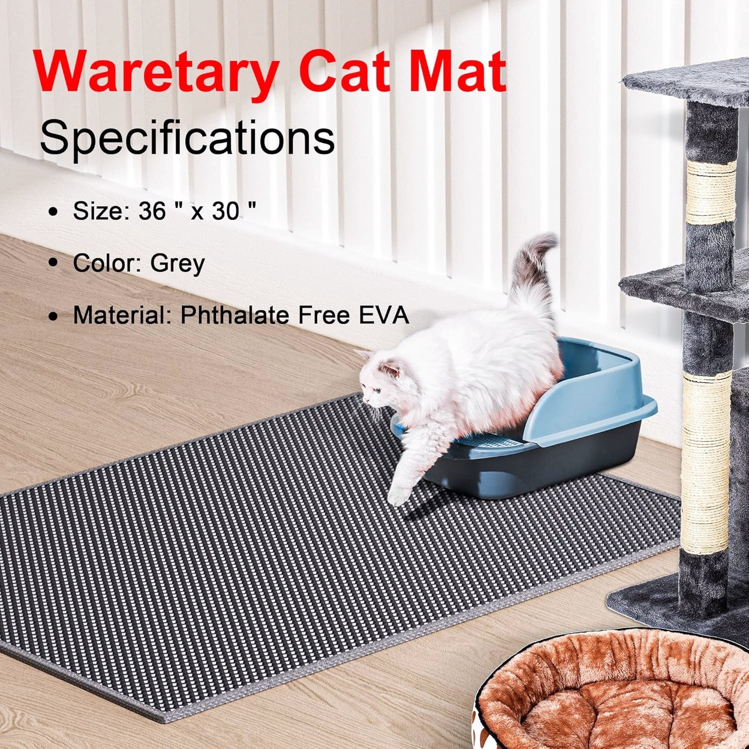 Premium Grey Cat Litter Box Mat 36"x30" Easy-Clean Waterproof Trapping Pad
