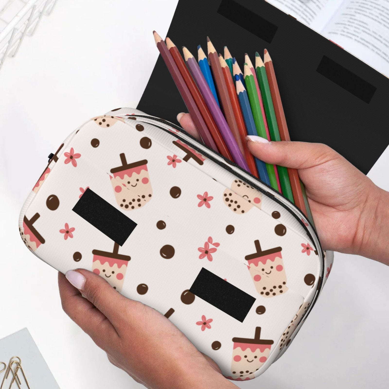 Rateoe Milk Tea4 Pattern Double Clamshell Pen Case, Storage Organizer with Two Zipper Compartments– Holds Up to 50 Pencils & Pens