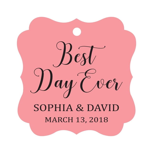 Darling Souvenir Personalized Fancy Frame Wedding Gift Tags 'Best Day Ever' Custom Name & Date Favor Hang Tags-Peach & Pink-100 Tags