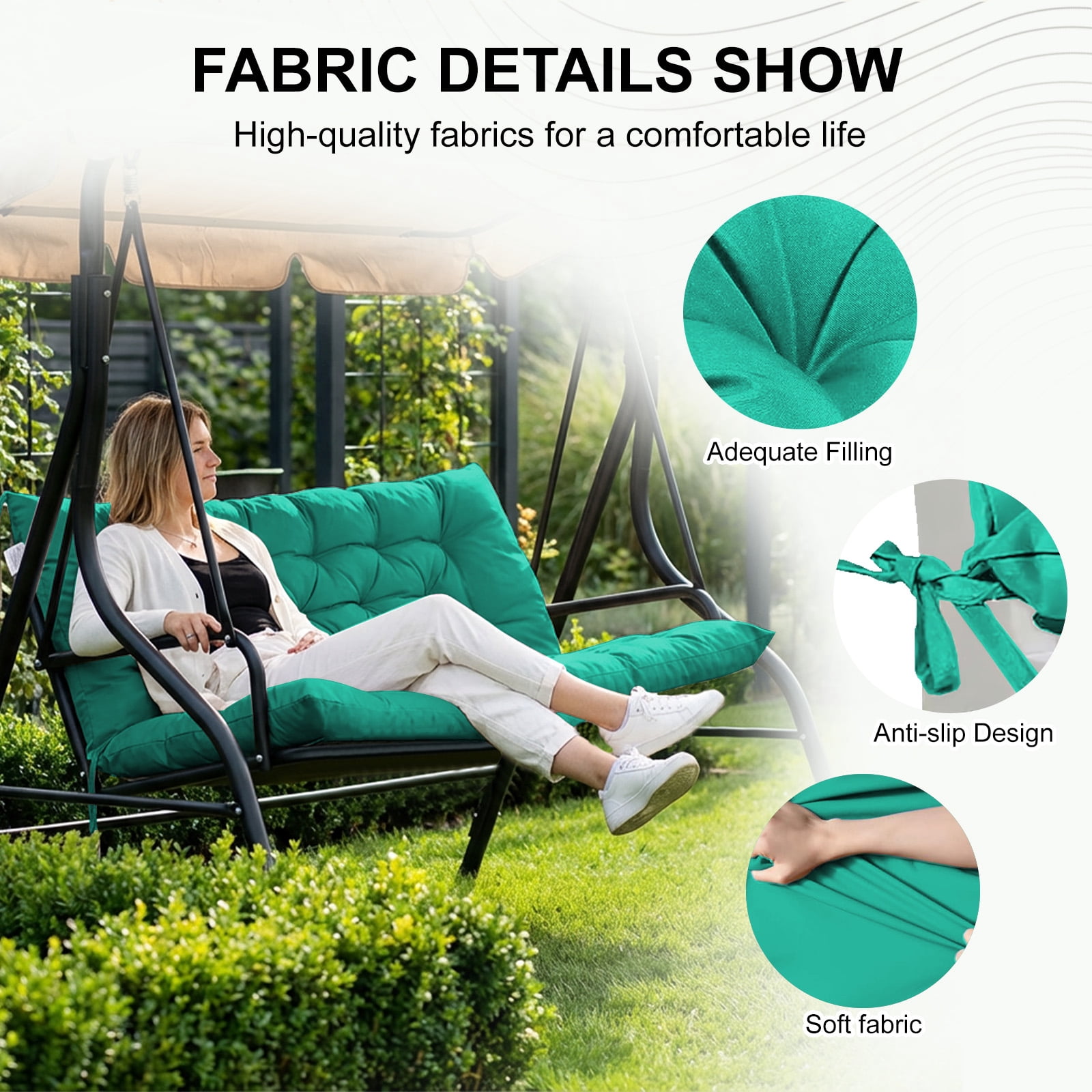 60in Outdoor Swing Cushions, Waterproof 4" Thick Porch Swing Cushion Replacement with Backrest and Ties, Comfortable 2-3 Seat Pation Swing Pad for Backyard, Garden, Lawn, Outdoor Furniture