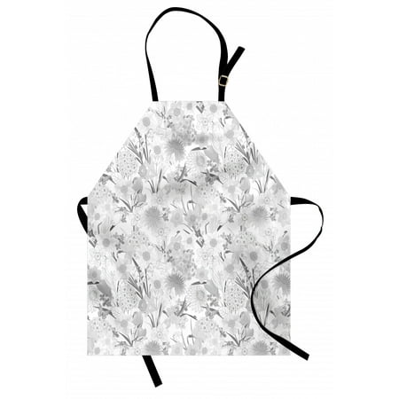 

Flower Apron Monochrome Bouquet of Wildflowers Leaves Pattern with Butterflies Unisex Kitchen Bib with Adjustable Neck for Cooking Gardening Adult Size Pale Grey Grey and White by Ambesonne