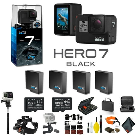 - GoPro HERO7 Black Action Camera With 3 Extra Battery, External Charger, 2 64GB Memory Card, Case, Chest Mount, Handle Bar Mount, Selfie Stick, Floating Strap, and More.- 4 Battery Bundle