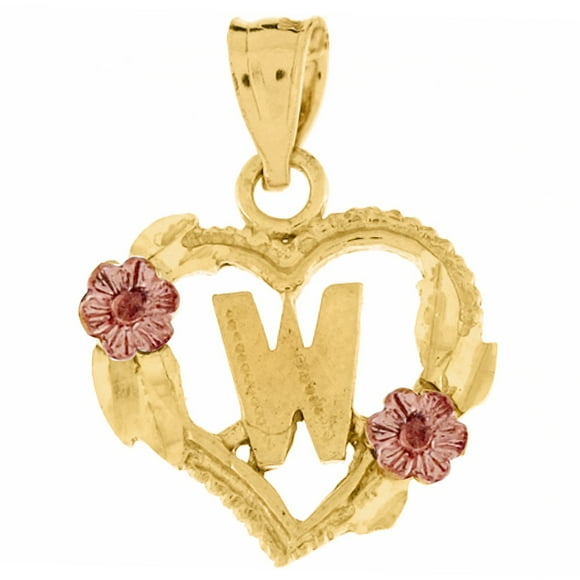 Precious Stars 14k Two-tone Gold Flower and Heart-shaped Initial 'W' Pendant