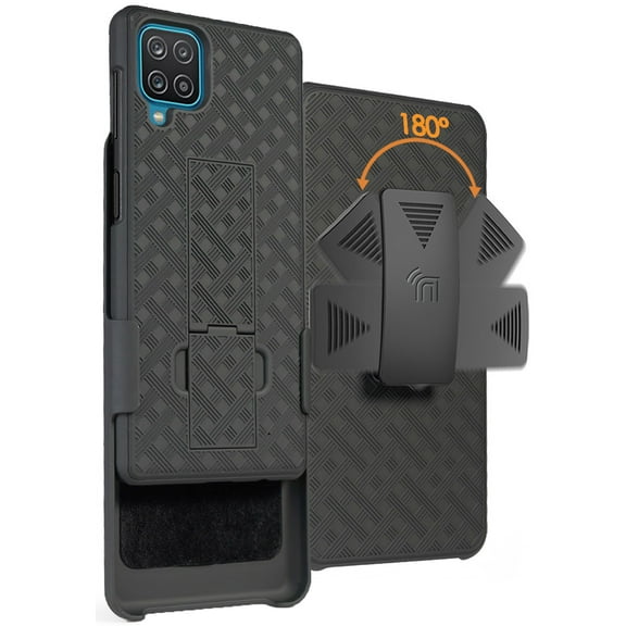Case with Clip for Galaxy A12, Nakedcellphone [Black Tread] Kickstand Cover with [Rotating/Ratchet] Belt Hip Holster Combo for Samsung Galaxy A12 5G (SM-A125)
