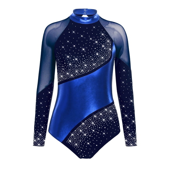 Hansber Women Metallic Color Block Gymnastics Leotard Long Sleeve Keyhole Back Figure Skating Bodysuit Dancewear Navy Blue&Blue XXL