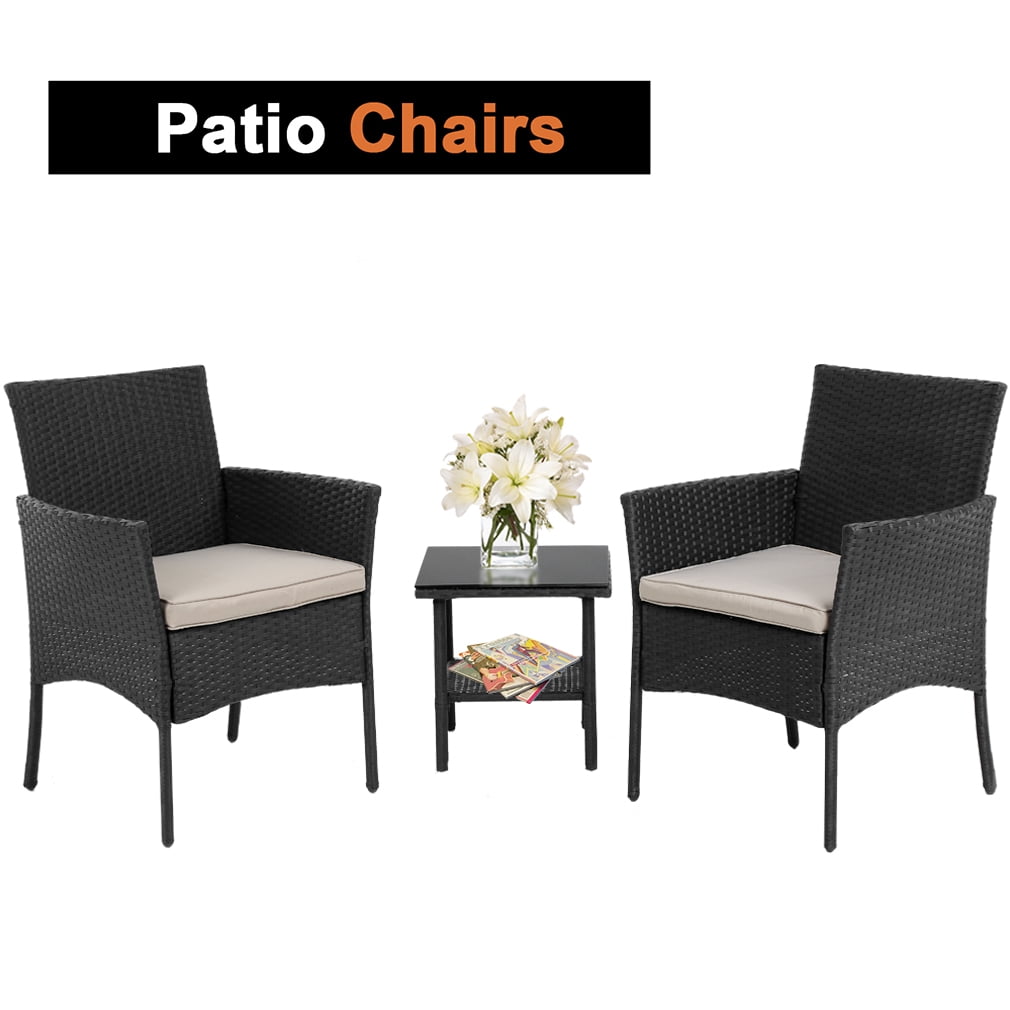 FDW 3 Pieces Outdoor Patio Furniture Wicker Table and Chairs Set Bar Set with Cushioned Tempered Glass, Black