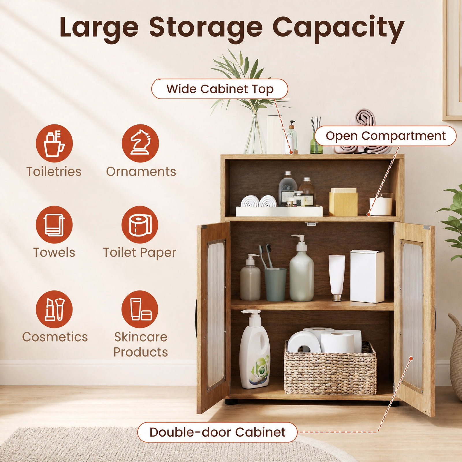 Vebreda Freestanding Bathroom Storage Cabinet, Bathroom Cabinet Freestanding Cabinet with 2 Doors and 3-Level Adjustable Shelf