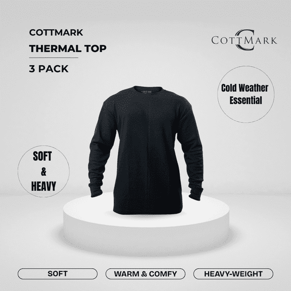 Cottmark Men’s Crew Neck Thermal Top, Black, Size S, 3-Pack