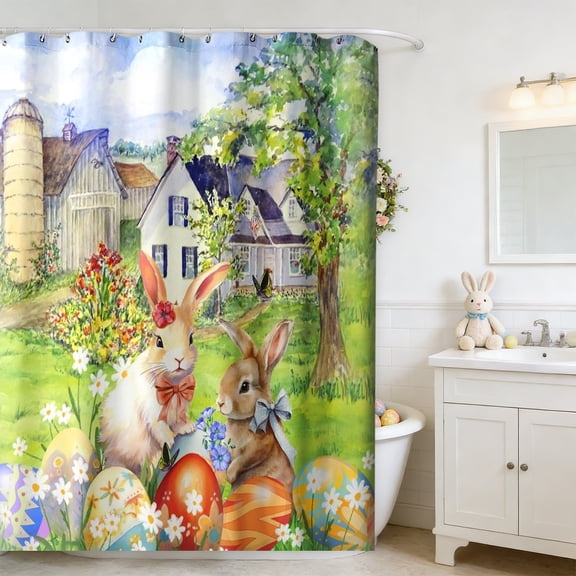 Eespoir No-Drill Easter Bath Curtain, Linen Fabric Shower Curtain For Holiday, Bathroom Decoration With Hook System, Spring Theme, Rental Friendly, Easy Change(B)