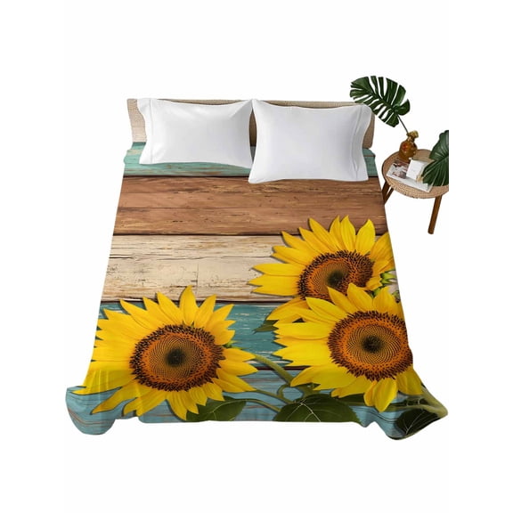 Sunflower Flat Sheets Only Full Size, Soft Breathable Bed Top Sheets for Mattress, Yellow Spring Flora Botanical Teal Brown Wooden Luxury Bedding Flat Sheets for Home Hotel Bedroom Bed Protection